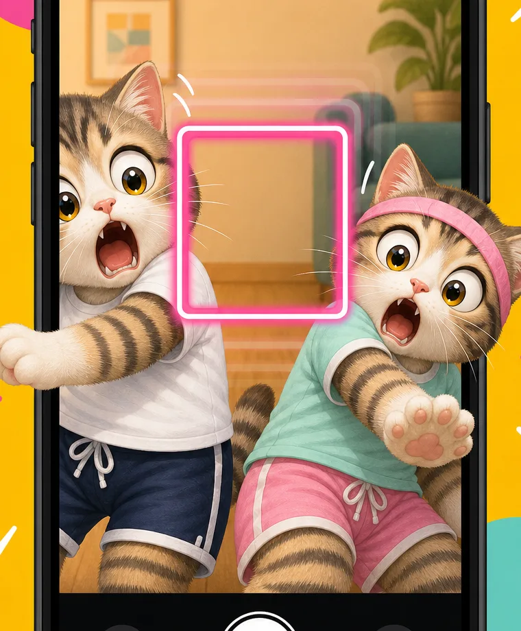 動くフレームから逃げる猫たちのイラスト