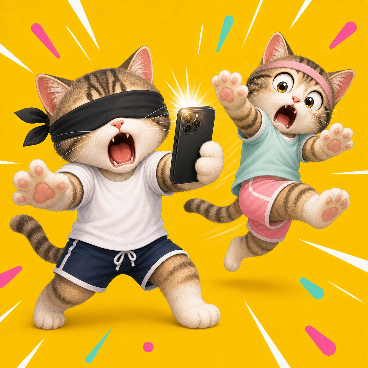 目隠しをした鬼がスマホで撮影し、ほかの猫が逃げるイラスト