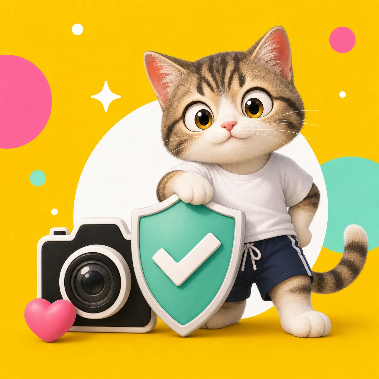 カメラと盾を守る猫のイラスト