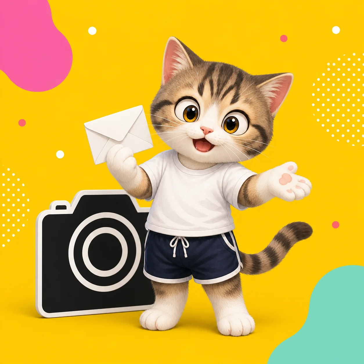 封筒を持って案内する猫のイラスト